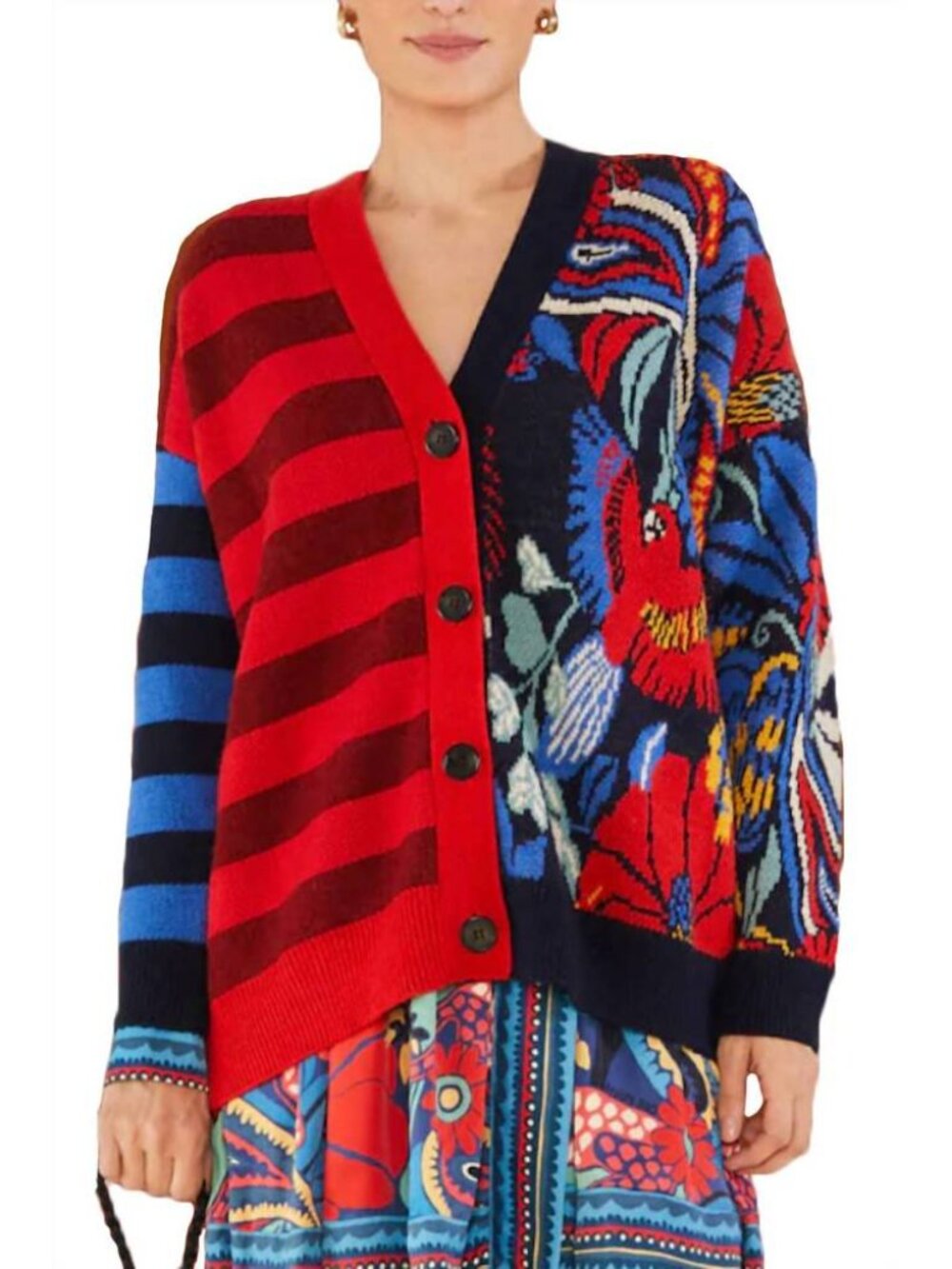 FARM Rio Forest Stripe Cardigan Blue Red Fun Sweater Mixed Floral Tropical S